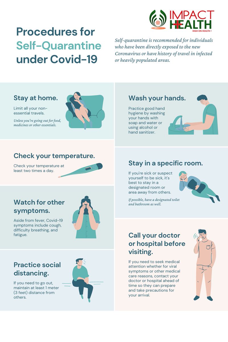 ImpactHealth20's tweet image. Let's know about the procedure of self quarantine. Save Yourself &amp;amp; Others in quarantine.
#SelfQurantione #WHOGuidelines #Procedure #HealthForAll #HealthMatters #SafetyFirst