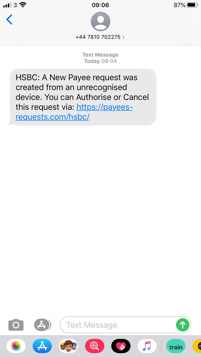 mdf200's tweet photo. Yet more Text message scams.... Easy to spot - especially if, like me, you don't have an @HSBC account. 🙄
Feel free to block this number.... +44 7810 702275, though I'm sure they have loads of numbers - they usually do.
@HSBC_UK #HSBCScam https://t.co/kBGKbGG9xS