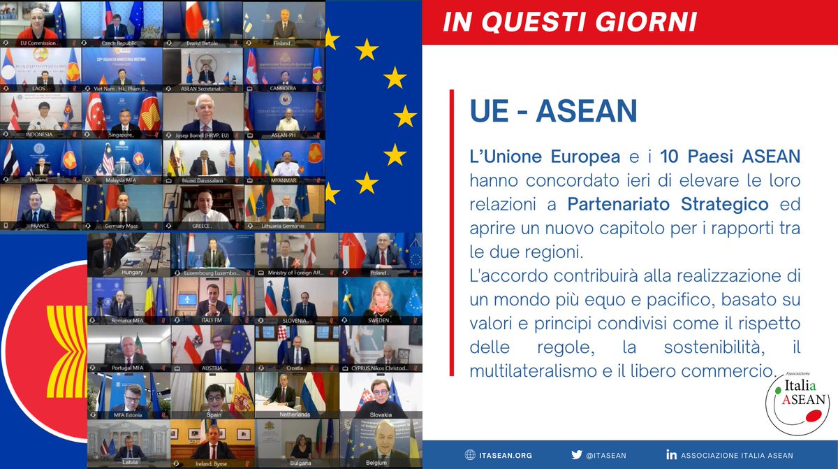 Itasean's tweet photo. Si apre un nuovo capitolo per le relazioni tra 🇪🇺 e @ASEAN grazie al Partenariato Strategico concordato ieri durante il 23° #ASEAN-#EU Ministerial Meeting (#aemm2020).
Felici di star lavorando nella stessa direzione!
@EnricoLetta @EUinASEAN #ASEAN https://t.co/kqZrPIz9TZ
