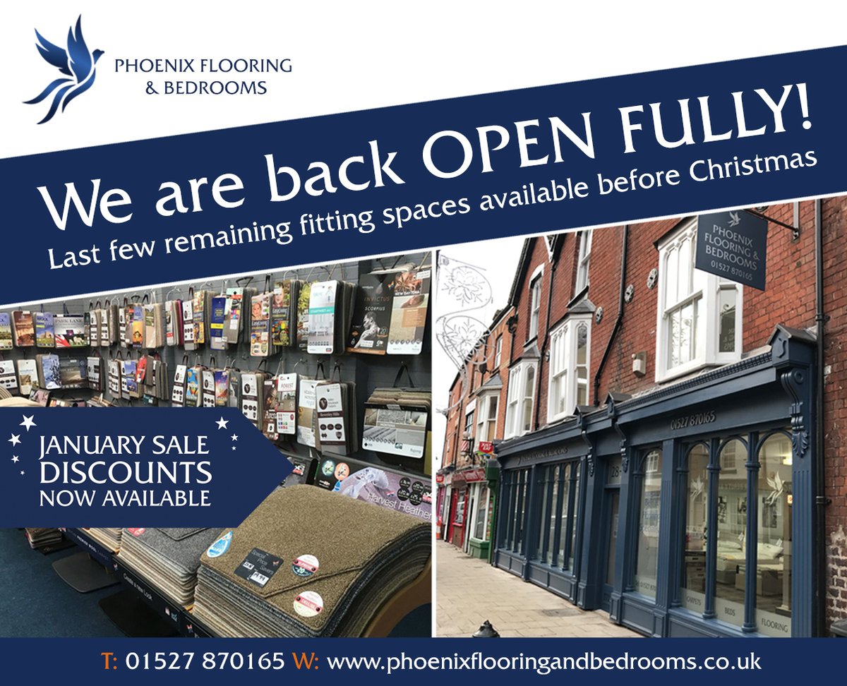 PhoenixCarpets's tweet photo. Great News! We are back OPEN FULLY and only have a few last remaining fitting spaces before Christmas! 

To book your space give us a call, send us a message or pop into the shop with your requirements.
https://t.co/c6xZDG0r80
#flooring #carpets #beds #bromsgrovebusiness #fitting https://t.co/nggDShfBsE