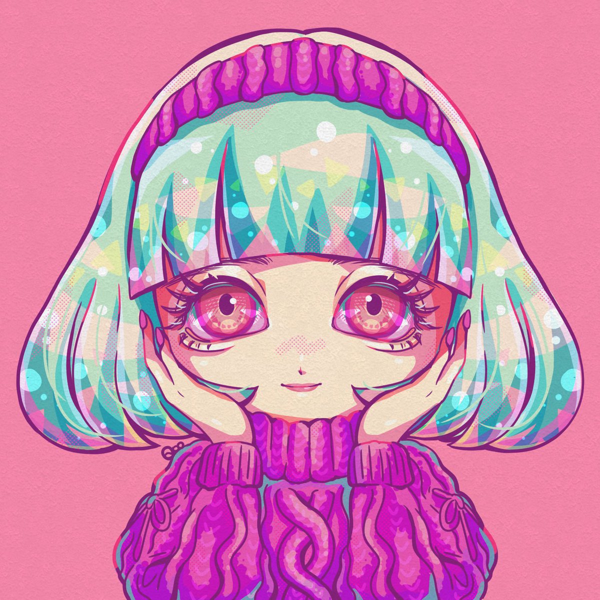 1girl solo bangs sweater pink background hairband blunt bangs  illustration images