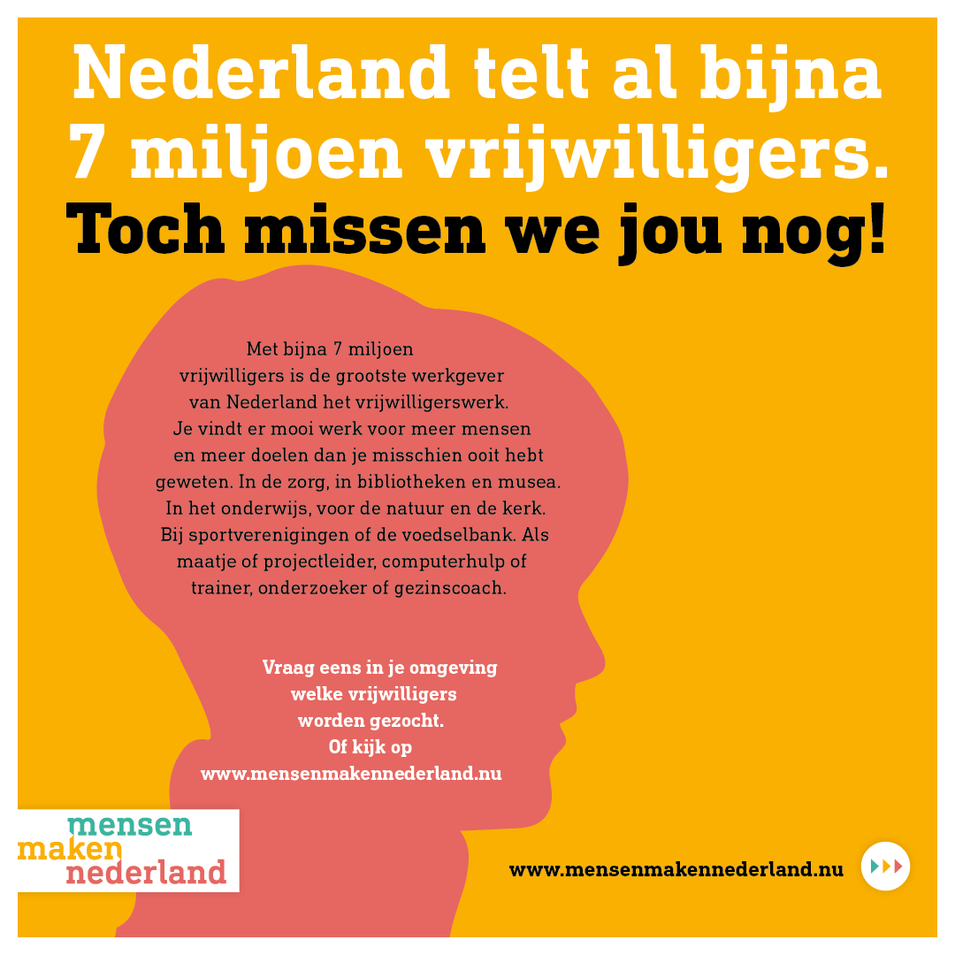 Ons land wordt gemaakt door iedereen die er woont. ‘Mensen maken Nederland’, is het motto van het Nationaal Jaar Vrijwillige Inzet 2021. Wil je meewerken aan een samenleving die geen sololeving is? #mensenmakennederland