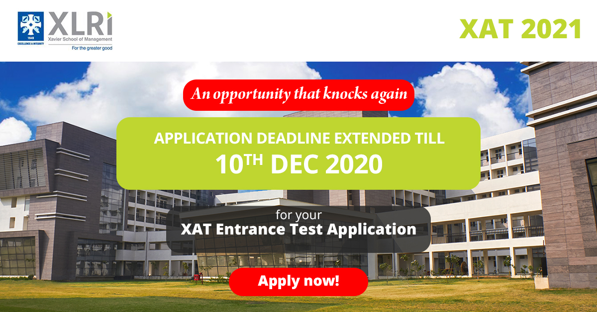 XLRIJamshedpur's tweet photo. An opportunity knocks again!!
Last date of XAT 2021 registration extended till 10 Dec 2020
#XLRI #insidexl # XLMJ #XAT2021 #XATOnline https://t.co/h2gPDh3EFu