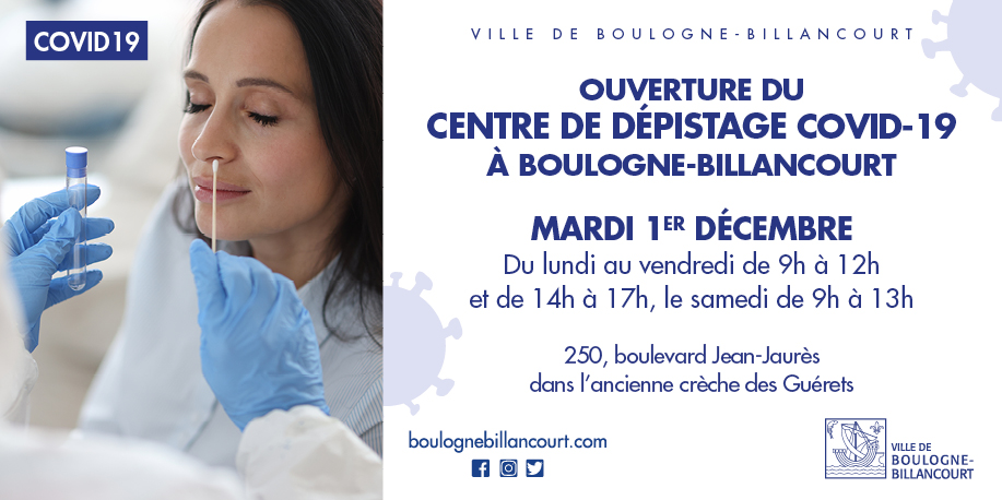 Ville_BoulogneB's tweet photo. La Ville, avec #Bioclinic et @Biogroup_Labo, a ouvert un centre de dépistage #COVID19 à #BoulogneBillancourt. Des tests PCR y sont proposés gratuitement 😷
📍 250, bd Jean-Jaurès
⏰ Lundi-vendredi, 9h-12h et 14h-17h et samedi 9h-13h
👉 https://t.co/DfRZxtErHS https://t.co/vwA3UfegzE