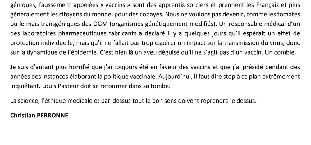 Le Pr PERRONNE nous écrit une lettre à propos des vaccins. Thread en 5 parties. Faites passer SVP. 