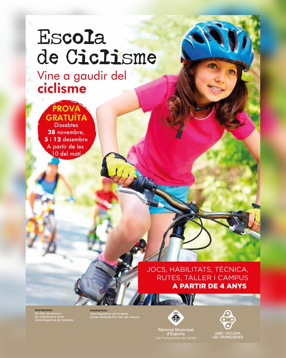 💥Nova Escola Municipal de Ciclisme amb els amics de la 
<a href="/UCFciclisme/">UCF - Unió Ciclista Les Franqueses</a>

ℹ️ Jornada de Portes Obertes els propers, 5 i 12 de desembre. 

⏱️A partir de les 10h 

🏟️c/. Holanda - Pol. Industrial de Llerona
Us hi esperem!! 🙌👏