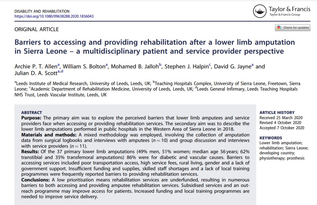 dr_bellajaymd's tweet photo. Just published! 
In this mixed-method report, we examined the perceived barriers that lower limb amputees and service providers encounter when accessing or delivering rehabilitation services in Sierra Leone. https://t.co/nHbUXy6ybr https://t.co/nN4nwjwgCx