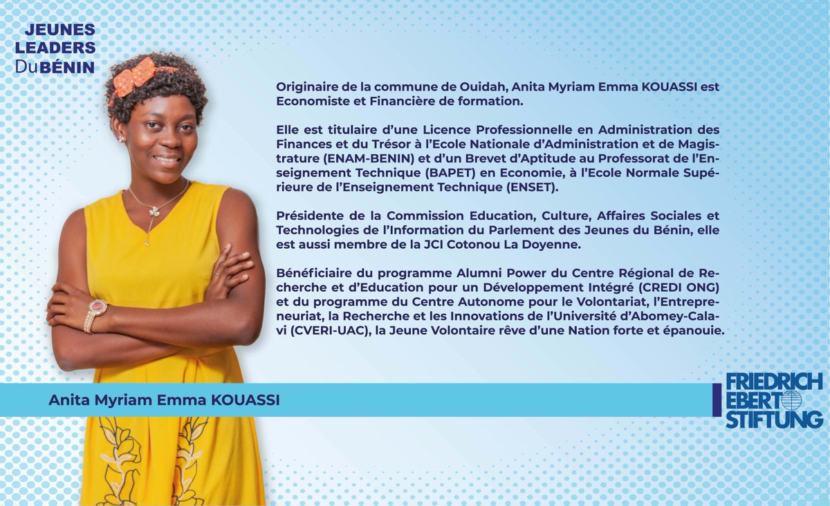 Fes_Benin's tweet photo. De #Ouidah, Myriam Emma Kouassi est Économiste et Financière de formation.
Titulaire d’une Licence professionnelle en Administration des Finances et du Trésor à l’École Nationale d’Administration et de Magistrature (#ENAM_BENIN) et d’un #BAPET) en Économie, à l'#ENSET.
#JLB2020 https://t.co/dphwbGdCya