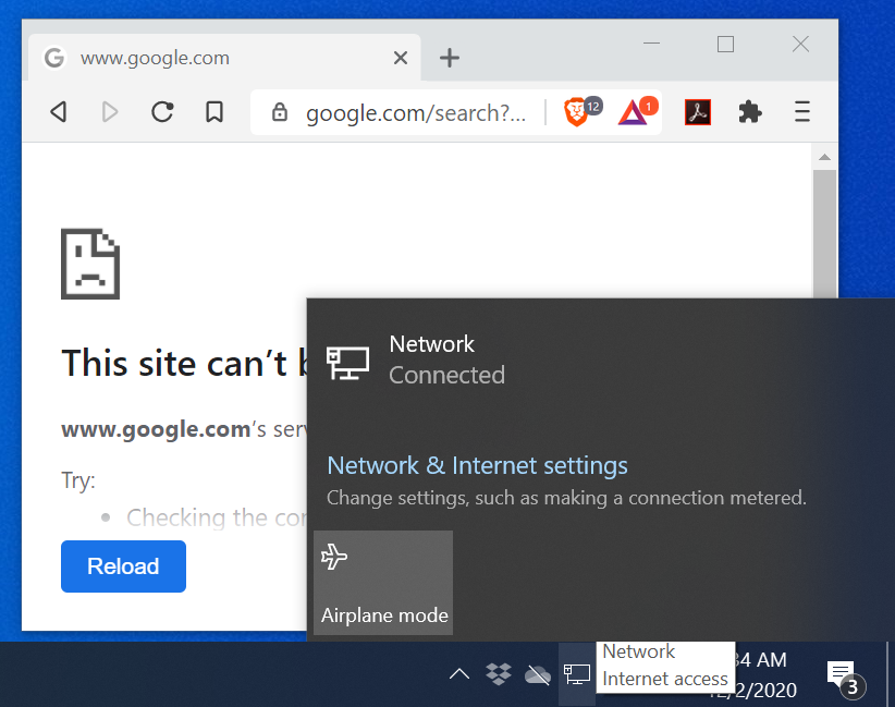 17/ Here's the screenshot of me disabling this, as per the knowledge base article, then again replicating the above problem. As this shows, the browser can't connect, but Windows now falsely claims there's connectivity.