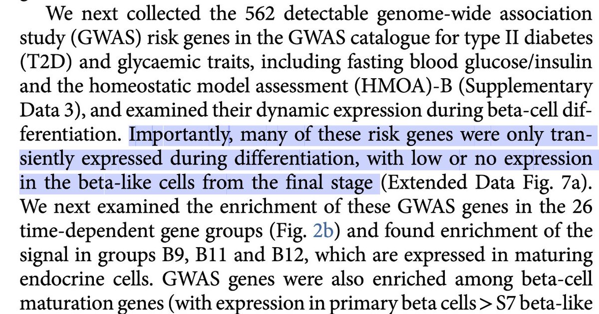 This impressive single cell study profiled every stage of beta cell development (from embryonic stem cells to mature beta cells) and beautifully demonstrates that many GWAS identified T2D genes are expressed only at specific developmental stage.  https://twitter.com/FulaiJin/status/1333466144091435008