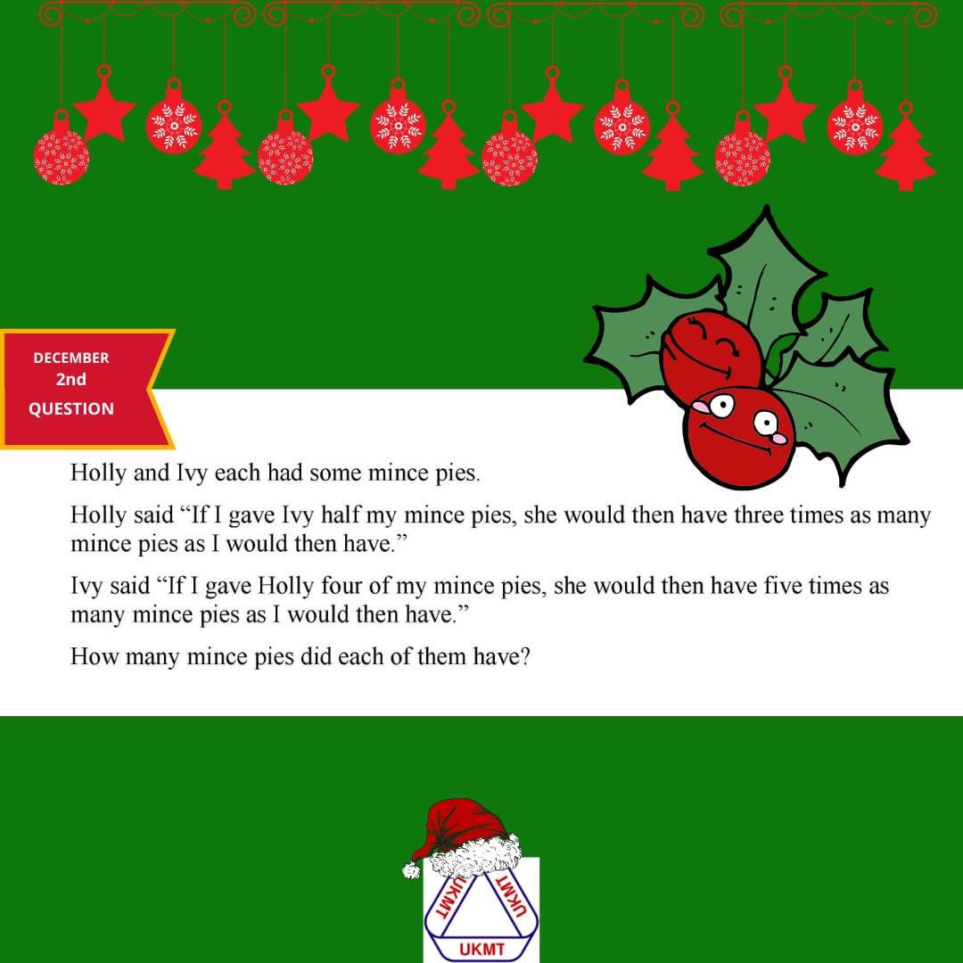 UKMathsTrust's tweet photo. UKMT Festive Calendar, Day Two.

🥧

#UKMT #UKMathsTrust #FestiveCalendar https://t.co/lNo8w5Xk5U