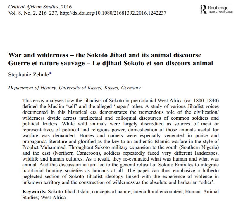 CrASJournal's tweet photo. From #CrASJournal #PastIssues: '#War and #wilderness – the Sokoto Jihad and its animal discourse' by Stephanie Zehnle:

https://t.co/CRTSN9qUr2

@africanstudies @UCT_news @Rout_PoliticsIR https://t.co/bGEFN2DjXk