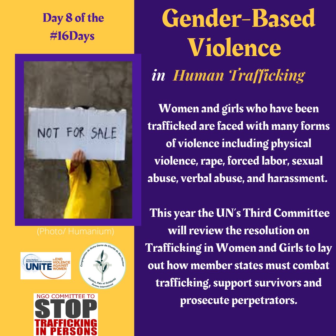 On day 8 of the #16Days we remember all the women and girls who are victims of human trafficking. Read the UN 3rd Committee Resolution on Trafficking in Women and Girls here: undocs.org/A/C.3/75/L.14 #EndGBV #NGOCSTIP @NGOCSTIP