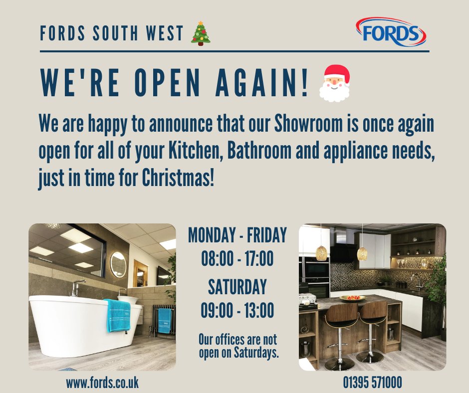 Our Showroom is open again! ✨
Just in time for the Christmas rush! 
Give us a call to arrange an appointment with one of our Kitchen and Bathroom Project Managers, or pop in now! 🎄
01395 571000 📱