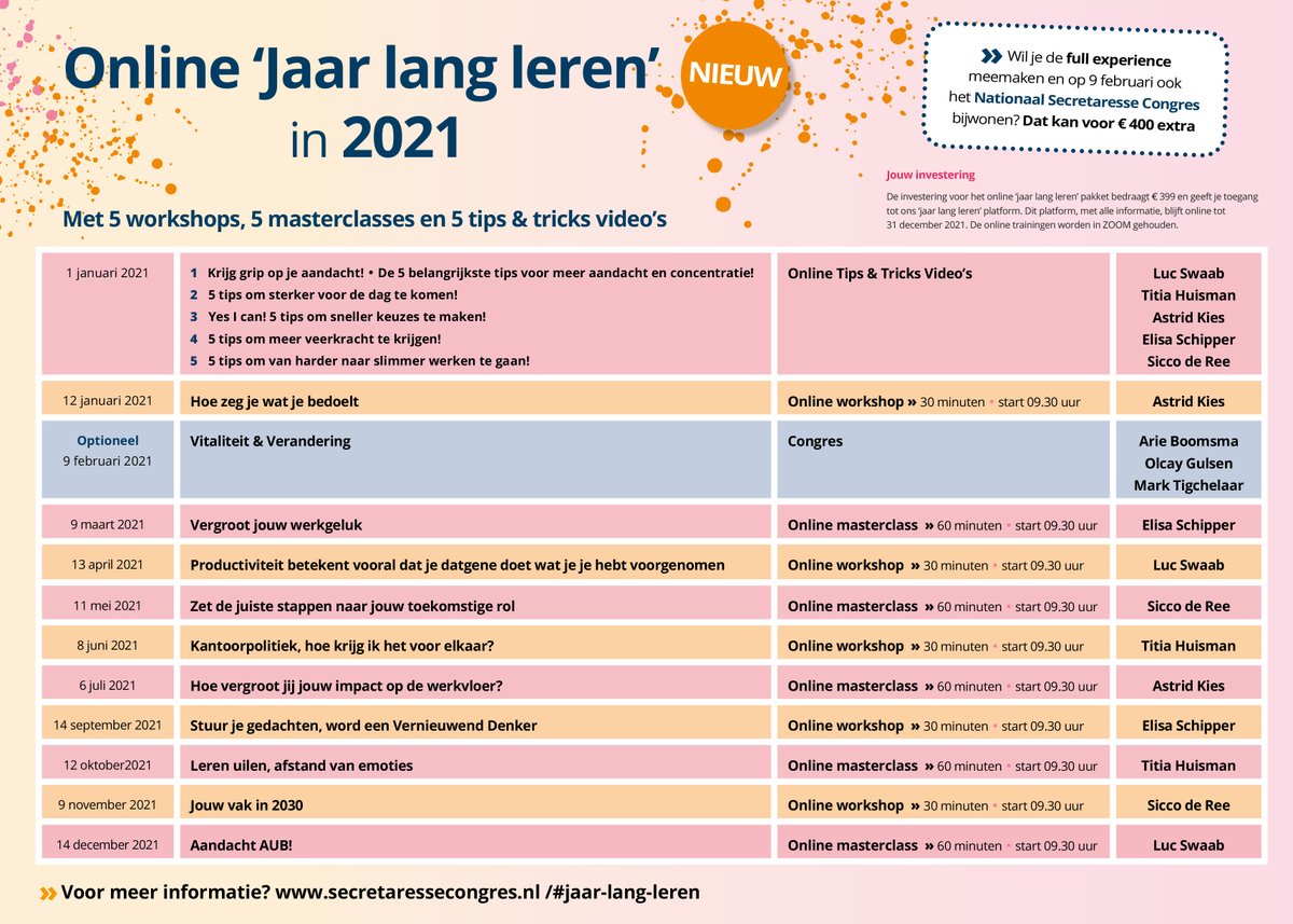 Neem iedere maand in 2021 een momentje voor je eigen ontwikkeling met het online 'Jaar Lang Leren'-pakket. Je volgt 10 online masterclasses &amp; workshops en 5 tips &amp; tricks video's, gegeven door onze zeer professionele docenten: ow.ly/nLHv50CAijR