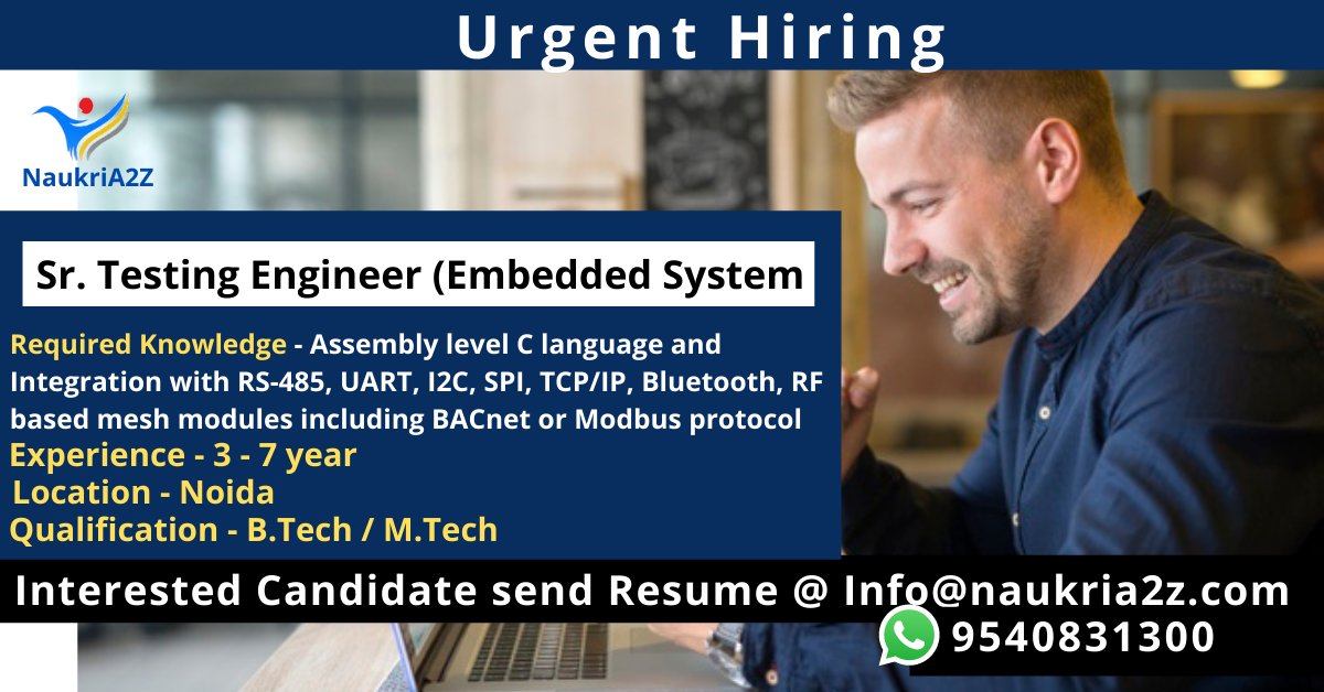 NaukriA2Z_'s tweet image. Urgent Hiring 
Profile - #SeniorTestingEngineer 
Experience- 3-7 years
Location: #Noida