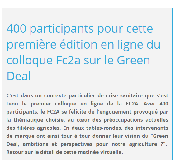 400 participants pour cette première édition en ligne du #colloqueFc2a sur le #greendeal  🔗fc2a.org/Pages/400-part…