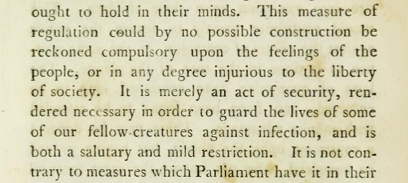 I'm tweeting this excerpt again in order to dwell on this powerful passage. William Wilberforce stood up in Parliament and said this in 1806. "It is merely an act of security, rendered necessary in order to guard the lives of some of our fellow-creatures against infection"