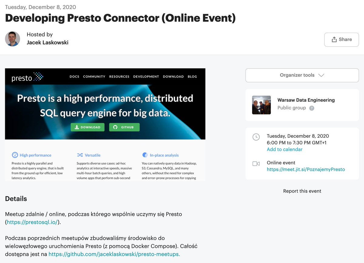 jaceklaskowski's tweet image. "Developing Presto Connector" online meetup next Tue, Dec 8, 6pm (GMT+1).
In #Polish only...again 🥰
Zapraszam! ❤️
👉 meetup.com/Warsaw-Data-En…
#presto #prestosql #meetup