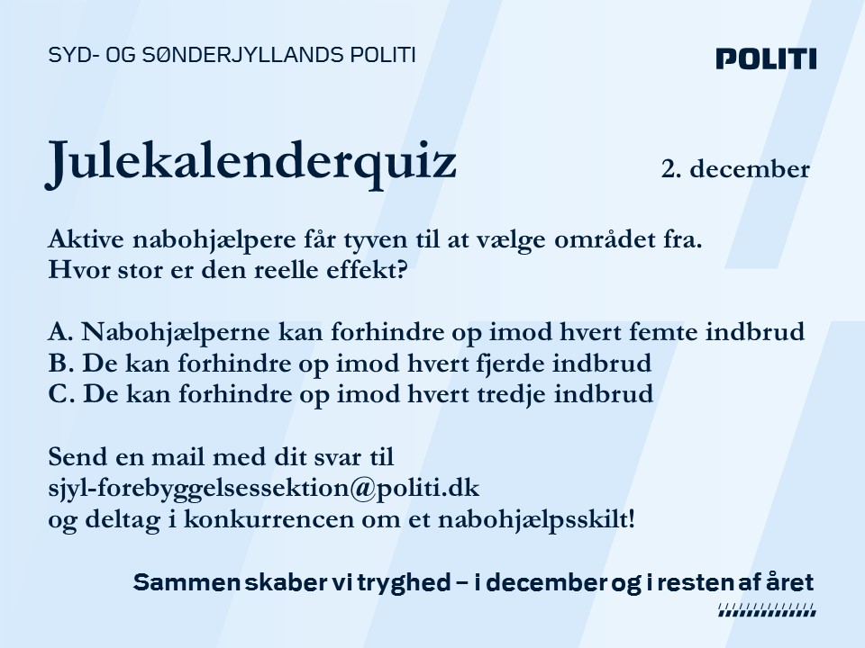 I samarbejde med Bo Trygt sætter @SjylPoliti i december 24 nabohjælpsskilte på spil for at slå et slag for at få flere aktive nabohjælpere. Deltag i dagens quiz og vind en nyttig præmie! Læs mere om nabohjælperne https://t.co/8MFNGGF4D5 #politidk #nabohjælp https://t.co/hYQveZjE70