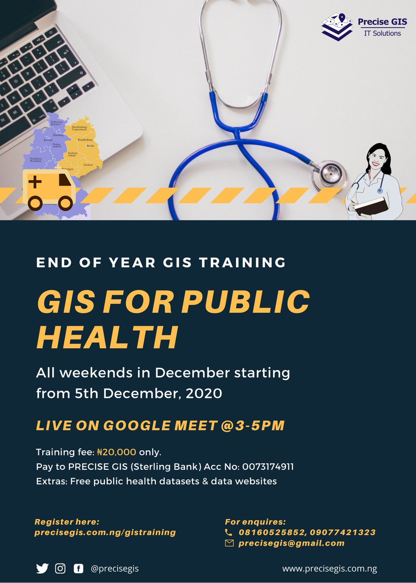 precisegis's tweet image. Register for our end of year Virtual GIS workshop. It's going to be really insightful. You don't want to miss opportunity to sharpen or get started with the GIS technology.
For public health experts and enthusiasts
Register here precisegis.com.ng/gistraining
#gis
#precisegis