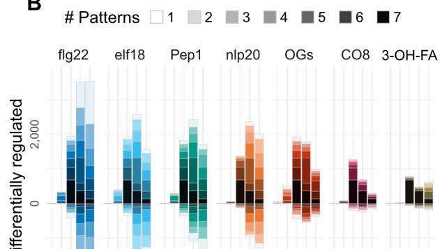 Like we suspected from single elicitor studies, plants change a lot of their transcriptome, and a lot of the changes for each elicitor are shared with many others: almost 1,000 genes induced commonly by all elicitors tested3/12