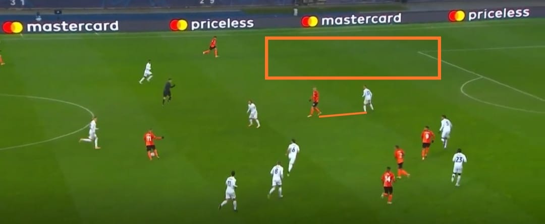 El Shaktar tiene siempre a cercanos y alejados bien posicionados, preparados para entrar en juego.Mirad con que facilidad superan al RM, es absurdo.Kroos superado, Lucas atado con su par, Rodrygo que no cierra su costado.El museo de los horrores.