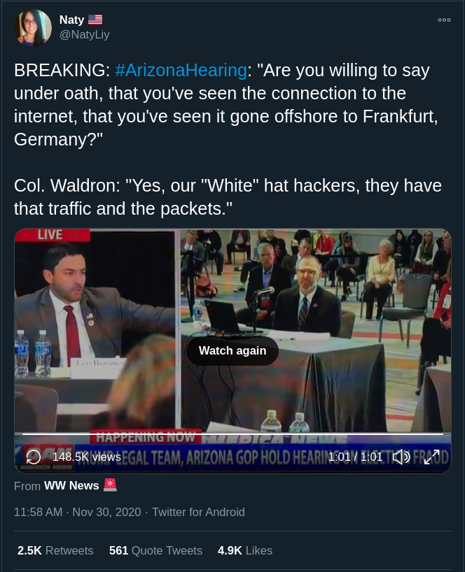At the AZ hearings, Col. Waldron confirms network traffic to Frankfurt.