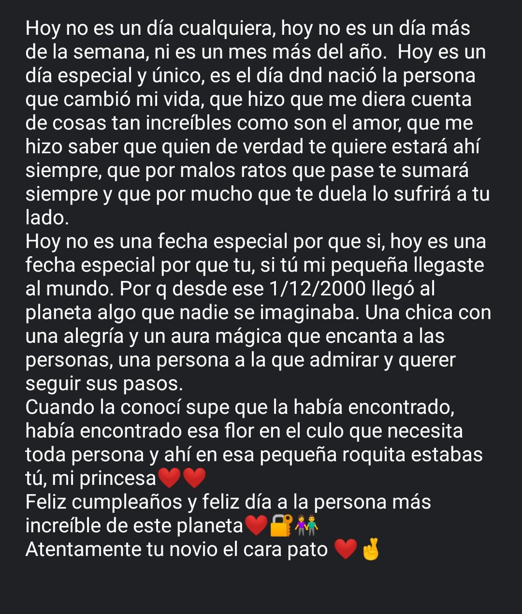 El 1/12/2020, fue el cumple de mi novia y le escribí este texto: 🤤🔐👫🤞❤️❤️
<a href="/Patcap5/">PHATRYY🥀🖤</a> Te amo ❤️🤞🏼