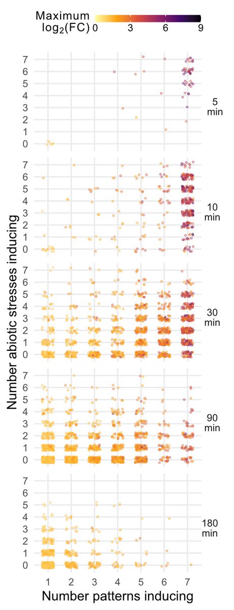 CAMTAs regulate the plant general stress response; is that what we're seeing? Using the AtGenExpress dataset, we found that rapidly induced genes are induced by many elicitors and many abiotic stresses, with responses becoming more specific over time. (my favorite plot!)6/12