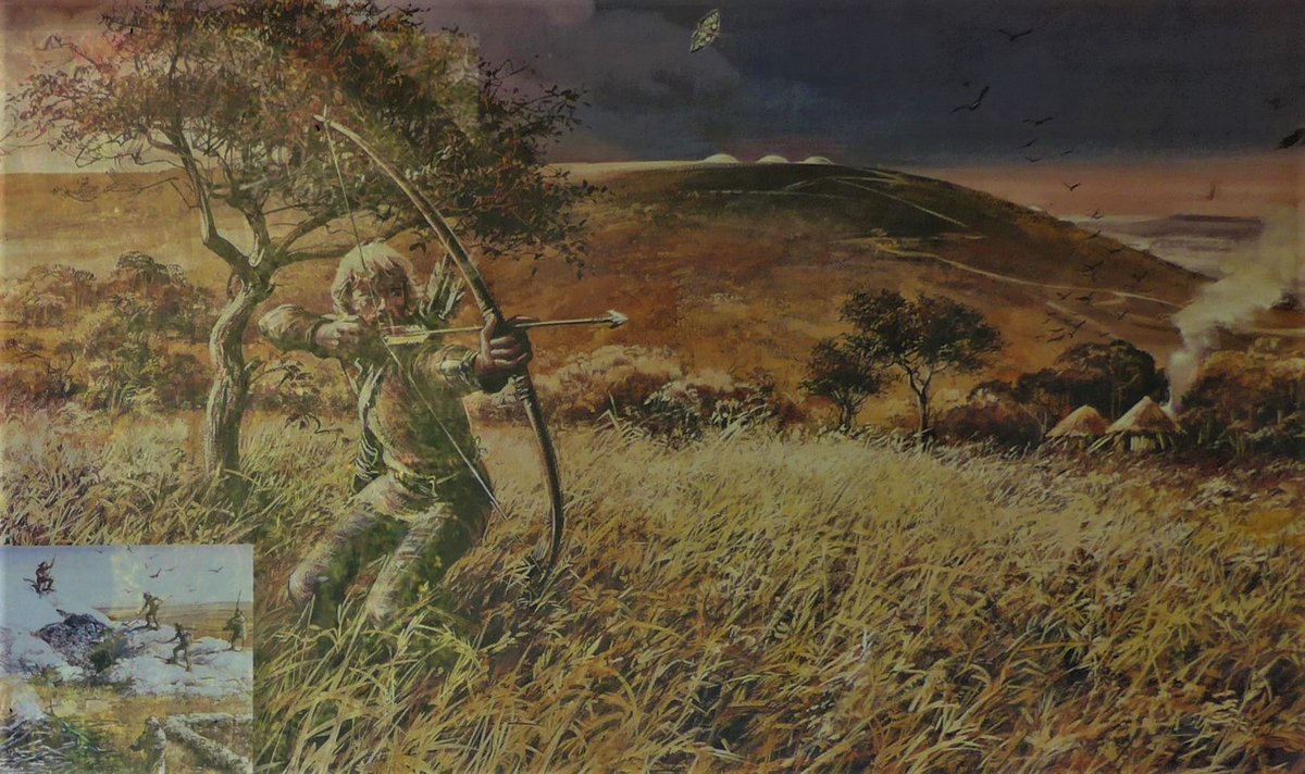 3 dramatic reconstructions of Old Winchester Hill in prehistory from the onsite  @NaturalEngland signage showing the Bronze Age barrows and later hillfortThe artist sadly isn’t credited - but we think it may be the great Mike Codd ? #HillfortsWednesday