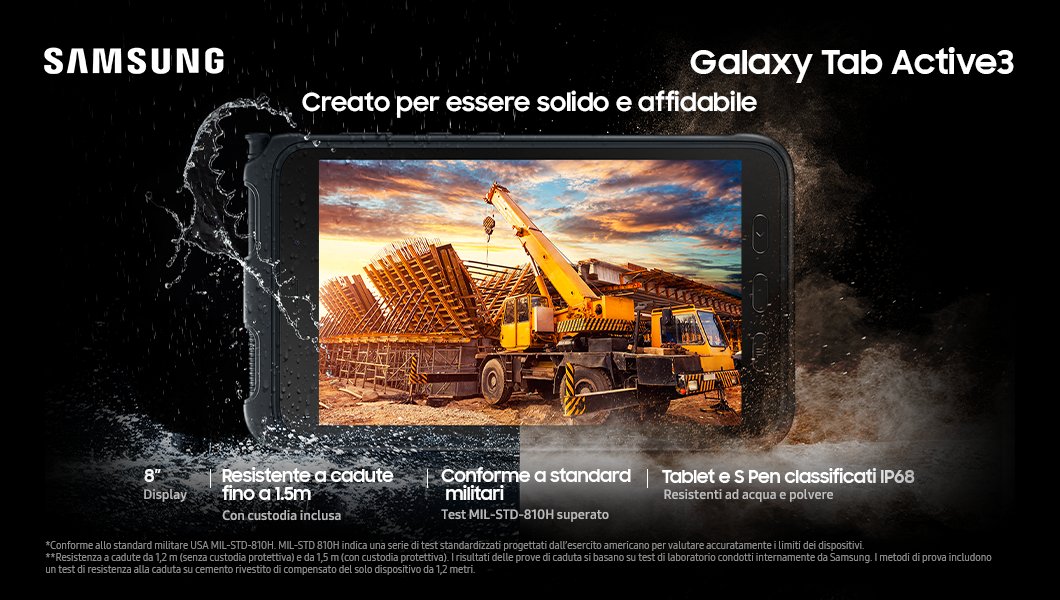 Resistente all'acqua e a prova di caduta, #GalaxyTabActive3 è pronto ad essere operativo dovunque la tua giornata ti porti. Scopri di più: bit.ly/2JdEpVg