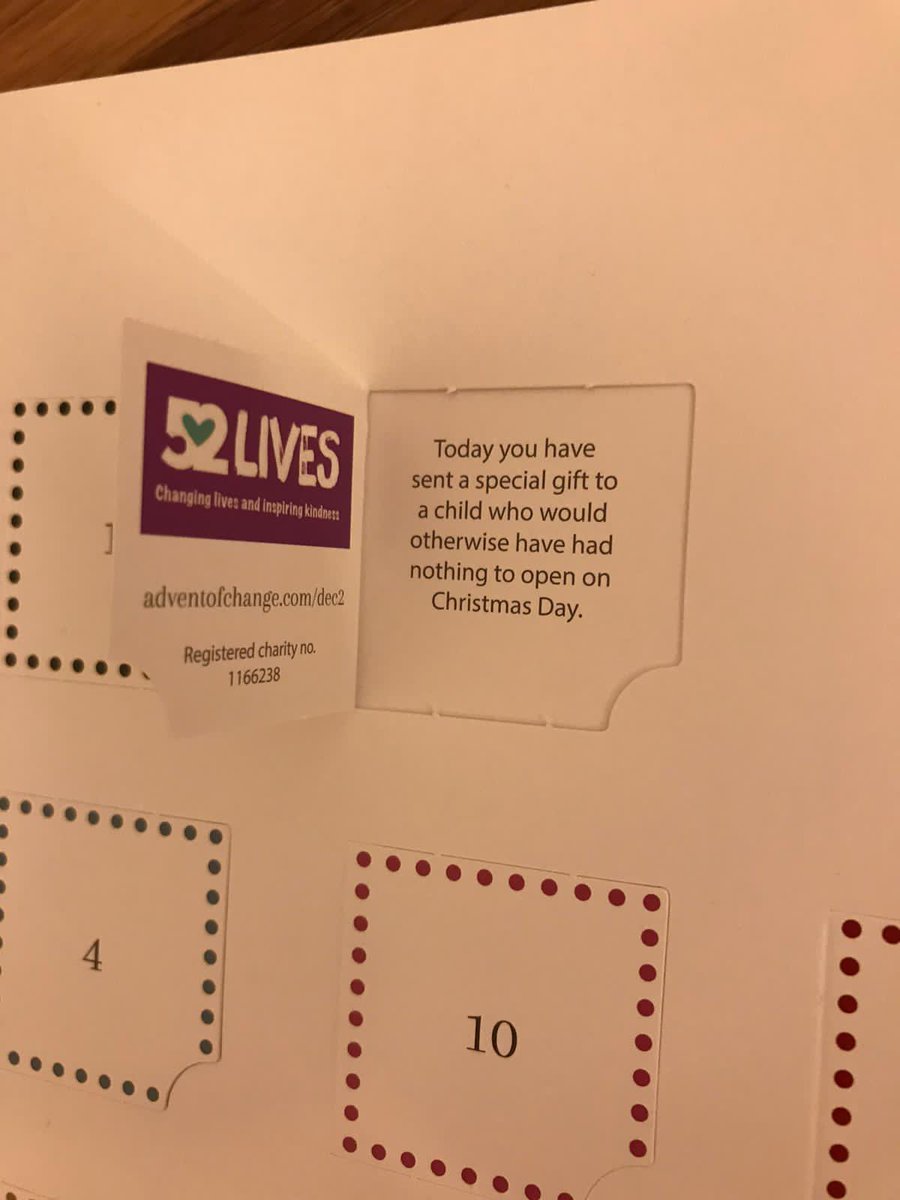Day 2 of #advent and so chuffed to have supported @52Lives. Reading about this charity’s incredible work and their mission to spread #kindness was just what I needed this morning! #AdventofChange. Thanks again @LeaRobertsCH - the perfect advent gift!