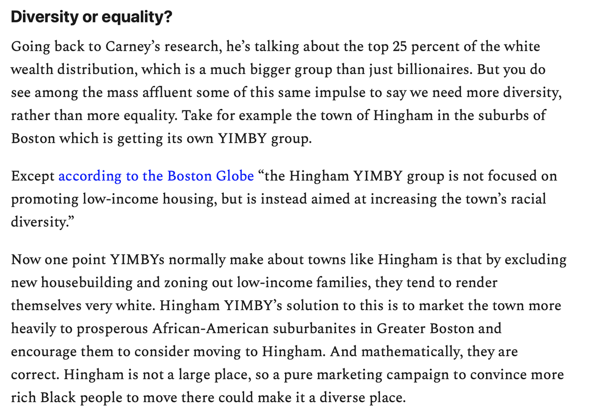 We ought to reject the Hingham Model of anti-racism where instead of tackling entrenched inequalities we opt for a shallow form of diversity that doesn’t help most people of any race.  https://www.slowboring.com/p/the-racial-wealth-gap-is-a-class