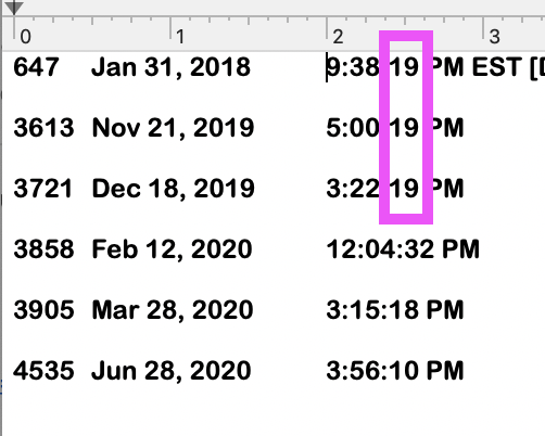  #Timestamps: 647 Jan 31, 2018 21:38:19 EST 3613 Nov 21, 2019 17:00:19 3721 Dec 18, 2019 15:22:19 3858 Feb 12, 2020 12:04:32 3905 Mar 28, 2020 15:15:18 4535 Jun 28, 2020 15:56:10 @usnavyDec 2, 202021:05 What is the probability of 19sec? 19=S 