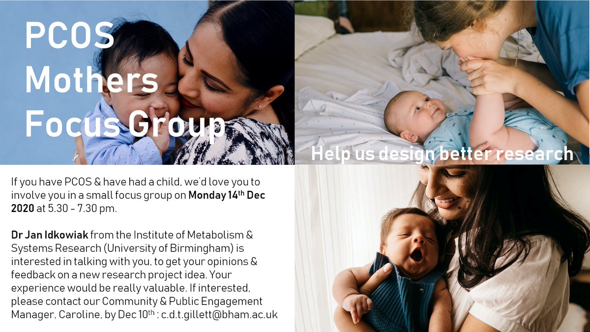 If you have #PCOS #PolycysticOvarySyndrome & have had a baby, Dr @JanIdkowiak would like to hear from you! We want to run a small focus group on Monday 14th Dec with PCOS Mothers to improve our research ideas, taking into account your suggestions. Please contact us for more info!