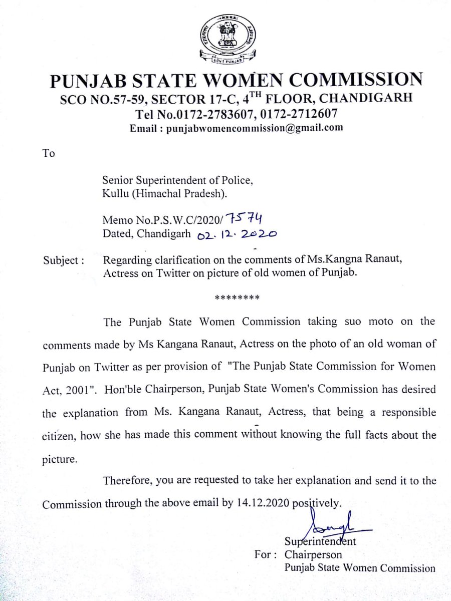WomenCommission #punjab sends Notice to actress @KanganaTeam  for 14 Dec. action taken after tweet of actress hurts sentiments of farmers #farmersagitation #protestfarmer