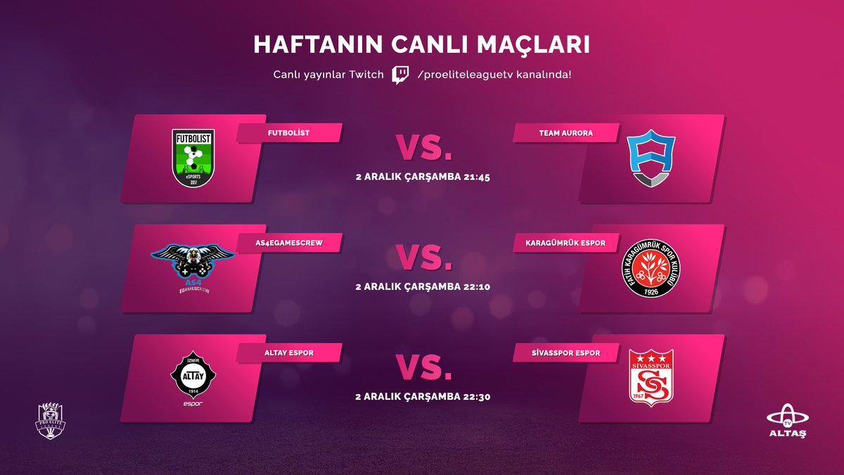 Günün maçları canlı yayınla Pro Elite League TV'de!
21:45 | Futbolist - Team Aurora
22:10 | AS4eGamesCrew - Karagümrük Espor
22:30 | Altay Espor - Sivasspor Espor
@ordualtastv
https://t.co/Y2Qp3IfDLk
#ElitlerinLigi https://t.co/6GlglKv25t