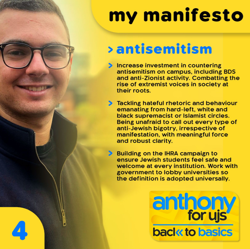 Anthony Bolchover's fixation with Muslims and Black people is clear. He mentioned both communities in the antisemitism section of his manifesto, and at the official UJS hustings.