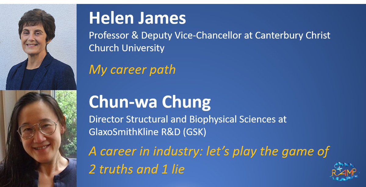 This afternoon, we thank Chun-wa Chung from <a href="/GSK/">GSK</a> and Helen James <a href="/CanterburyCCUni/">Canterbury Christ Church University</a>  for accepting to connect with us today at #RAMPws2020

🎙️...Share of #career experiences with #ESRs starts now!
#industry #research #job #ITN #MSCA #structuralbiology
#AcademicTwitter #womeninSTEM