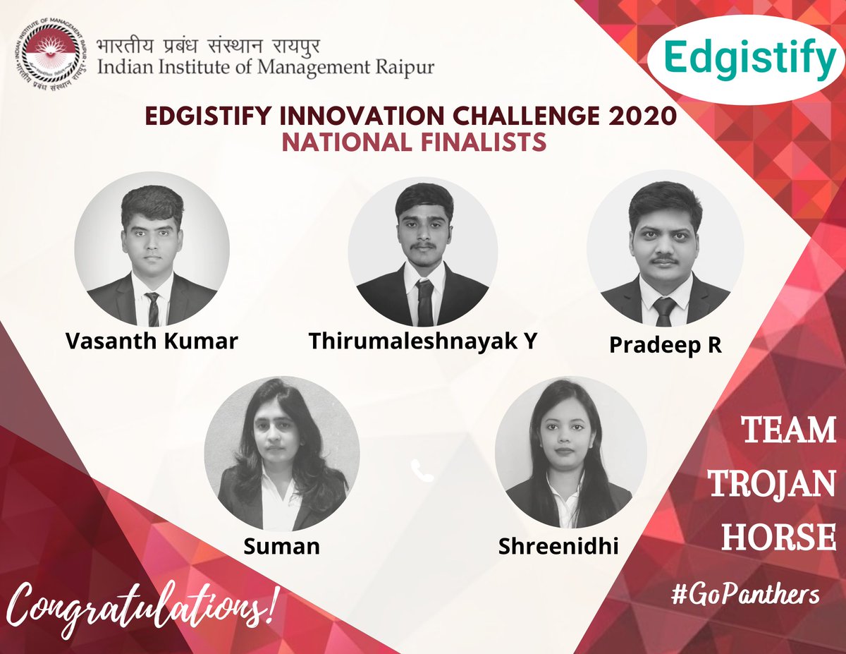 iimraipur's tweet image. 2. Team “Trojan Horse” which includes Shreenidhi, Pradeep R, Vasanth Kumar, Suman and Thirumaleshnayak Y

#IIMRaipur #Edgistify #Congratulations #GoPanthers #MBA #CorporateCompetitions #IIM