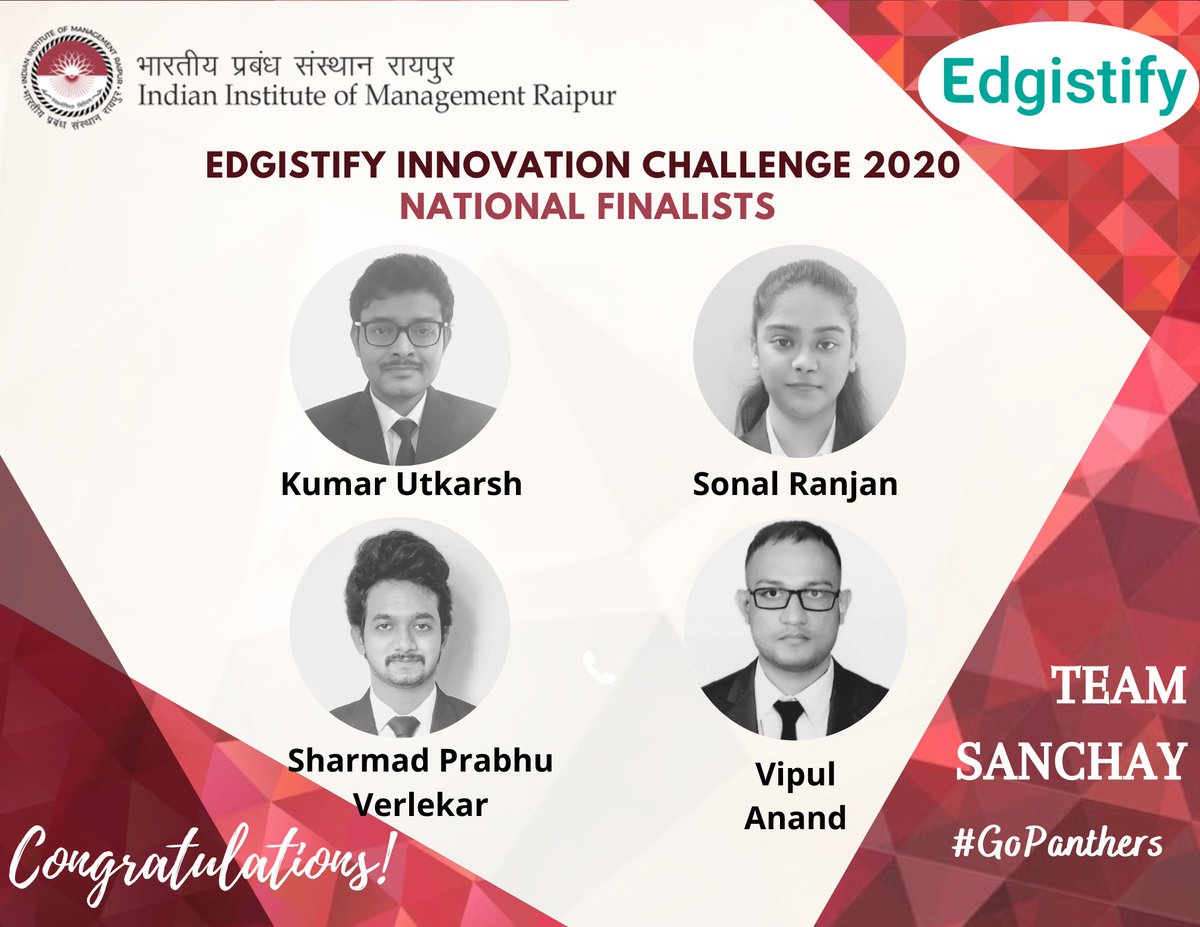 iimraipur's tweet image. 4. Team “Sanchay” which includes Kumar Utkarsh, Sonal Ranjan, Sharmad Prabhu Verlekar &amp;amp; Vipul Anand

#IIMRaipur #Edgistify #Congratulations #GoPanthers #MBA #CorporateCompetitions #IIM