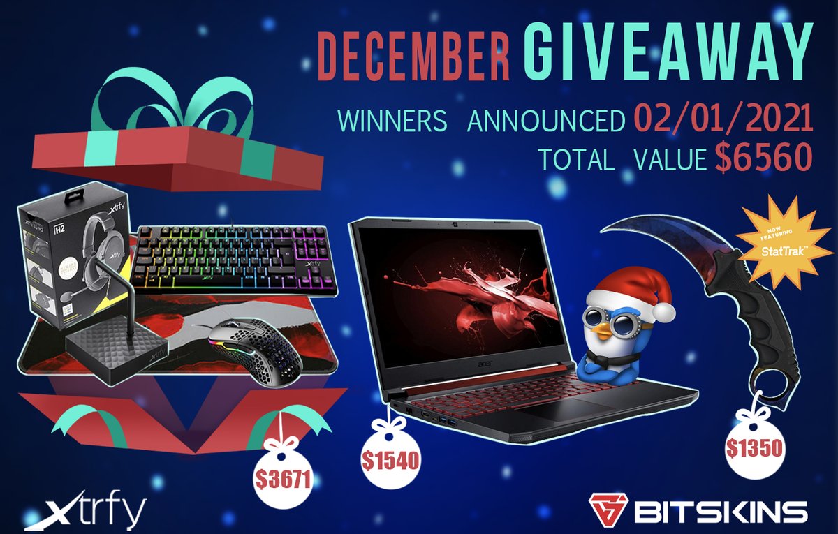 🎅 December $6560 Giveaway🎅 1⃣ StatTrak Karambit Marble Fade (FN): bit.ly/BitskinsTweeday 1⃣ Acer Nitro 5 Laptop: youtube.com/watch?v=XfdqUg… 🔟 $370 Xtrfy Bundles: xtrfy.com - RT & Follow - Reply with what prize you want 🥳 Enter here 👉 bit.ly/tweechristmas #ad