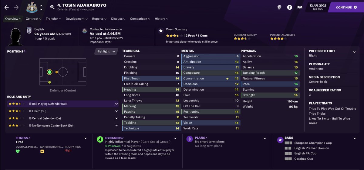 TRANSFERS IN - Summer 21/22With £53m to start with & the extra money from sales, I decided to tackle problem areas one by one. First up, centre backs:Davidson Sanchez (DC) - £17.75mTosin Adarabioyo (DC) - £34mTimothy Fosu-Mensah (DC) - Free #NUFC  #FM21  