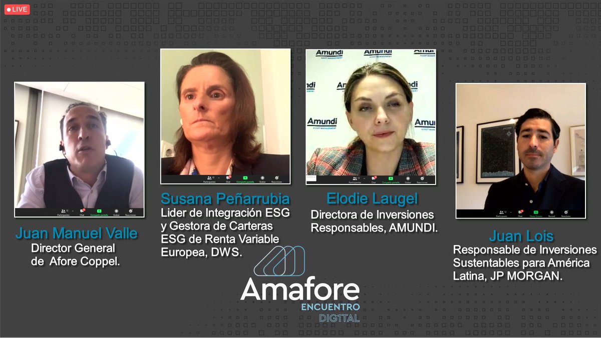 PensionPolIntl's tweet photo. Susana Peñarrubia from DWS, @ELaugel from @Amundi_ENG, Juan Lois from @jpmorgan talk with Juan M. Valle, from #AforeCoppel about accountability and #ESGinvestments.
In Encuentro Digital #Amafore2020 https://t.co/9BGbQ2qNrN