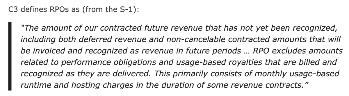 13/ How To Gauge C3’s PerformanceThe best way to think about C3s performance is through “Remaining Performance Obligations”, or RPOs.RPO shows how much outstanding revenue C3 has to collect from deferred / non-cancelable contracts. As of Oct. 2020 C3 had $267M in RPOs