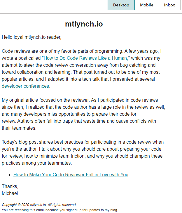 Okay, now I've finished composing the letter to my email subscribers. I always struggle with this because I'm trying to write something extra for my subscribers without just re-writing the article. As a sanity check, I re-read and make sure the links go to the right places.