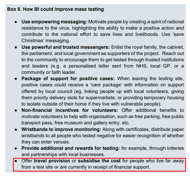 "Offer  #travel  #provision or subsidise the cost for people who live far away from a test site or are currently in receipt of financial support." [p. 13]