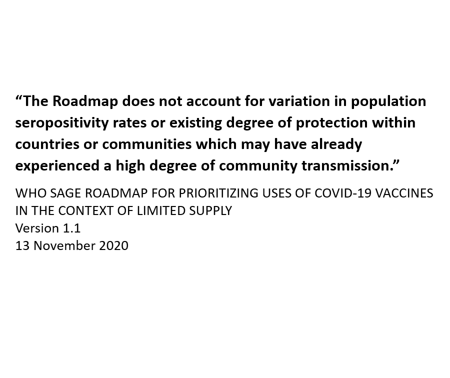 4/Let's first explore what each of the early COVID-19 vaccine allocation frameworks has to say on the topic: The  @WHO SAGE framework says they considered existing immunity but did not specifically take it into account in developing their "Roadmap" https://www.who.int/docs/default-source/immunization/sage/covid/sage-prioritization-roadmap-covid19-vaccines.pdf?Status=Temp&sfvrsn=bf227443_2&ua=1