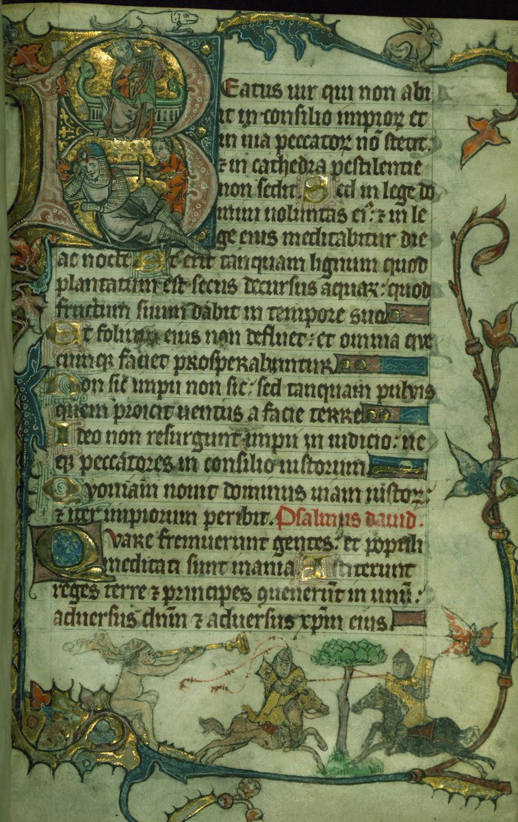 David plays music in the upper left-hand corner, while a nude man plays music in the lower corner. A hare sits in the upper margin. Worth noting that hares could be symbols of sodomy. (Walters, MS W82, f. 15r)